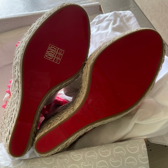 Christian louboutin mafaldina 120mm wedge espadrille pink neon sandal sz 39 - Picture 10 of 13